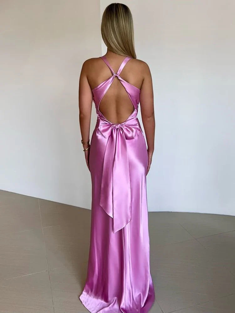 Elegant Dresses- Women Elegant Satin Evening Gown for Weddings- Pink- IndioGear.com