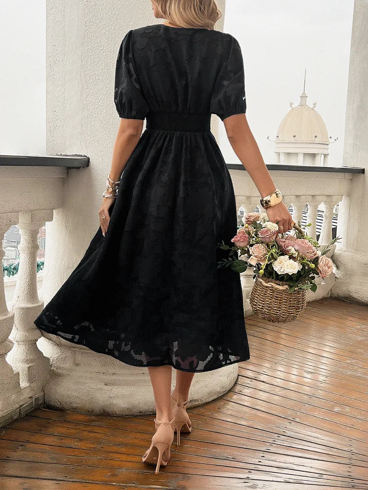 Elegant Dresses- Women Floral Jacquard Midi Dress for Wedding Guest Attire- - IndioGear.com