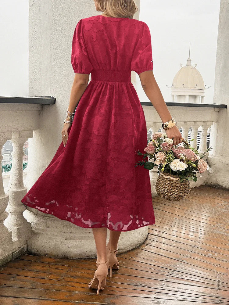 Elegant Dresses- Women Floral Jacquard Midi Dress for Wedding Guest Attire- - IndioGear.com