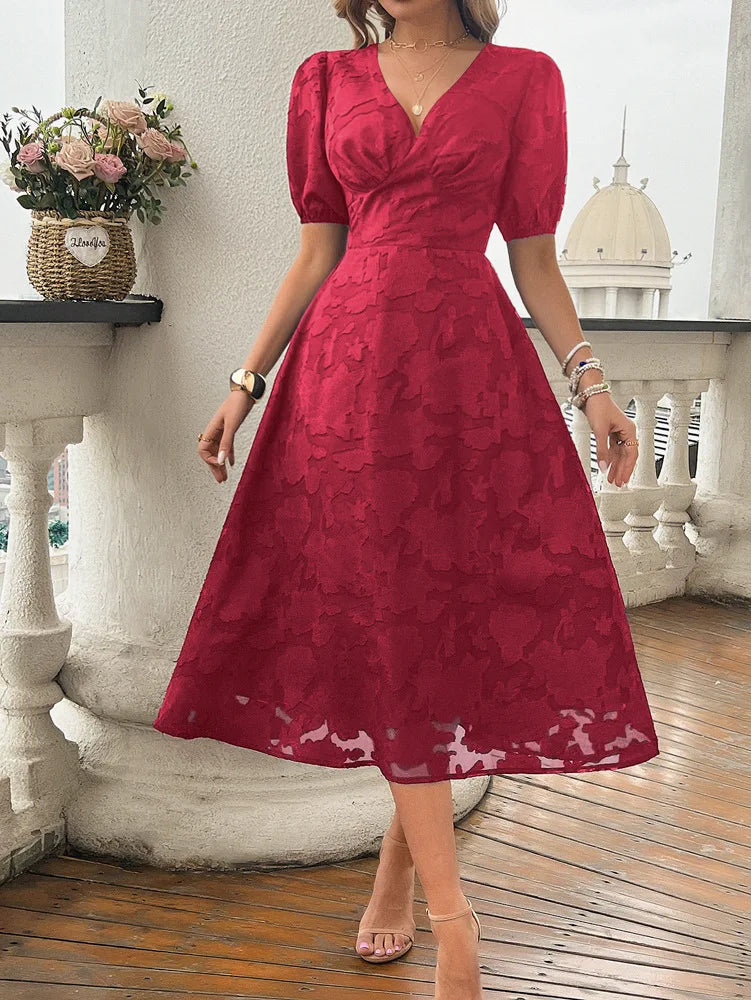 Elegant Dresses- Women Floral Jacquard Midi Dress for Wedding Guest Attire- - IndioGear.com