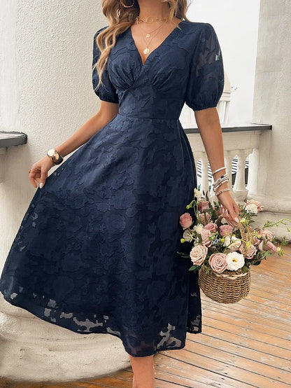 Elegant Dresses- Women Floral Jacquard Midi Dress for Wedding Guest Attire- - IndioGear.com