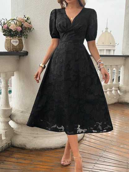 Elegant Dresses- Women Floral Jacquard Midi Dress for Wedding Guest Attire- Black- IndioGear.com