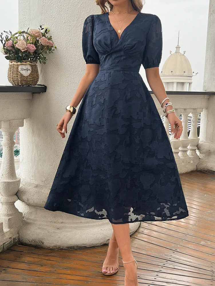 Elegant Dresses- Women Floral Jacquard Midi Dress for Wedding Guest Attire- Navy Blue- IndioGear.com