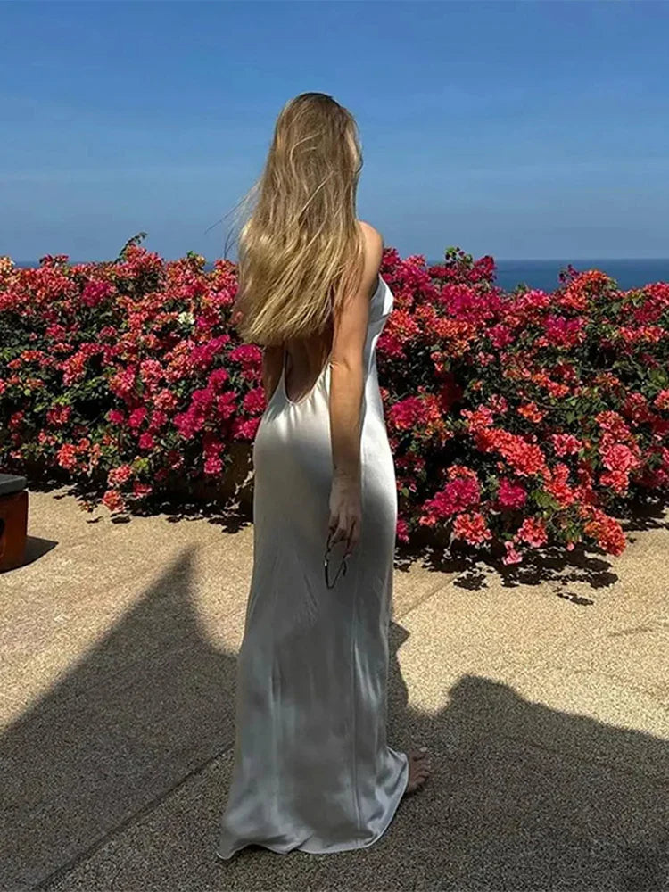 Elegant Dresses- Women's Backless Satin Maxi Dress for Summer Nuptials- - IndioGear Fashion and Gear