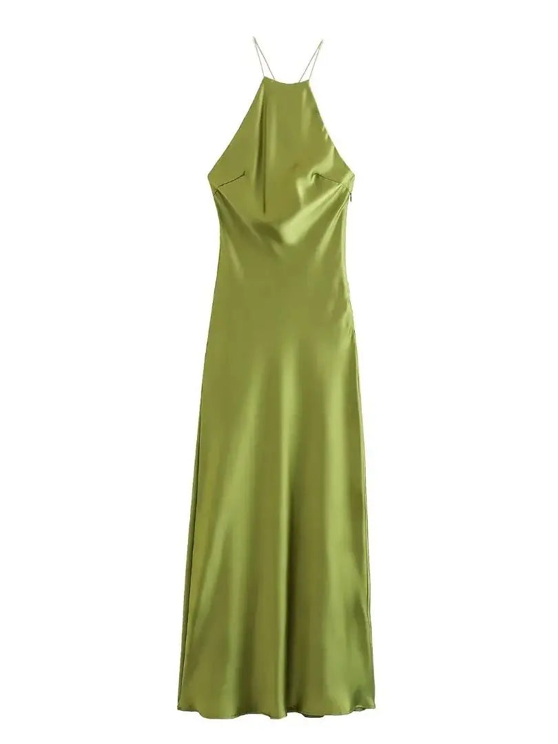 Elegant Dresses- Women's Elegant Backless Halter Slip Midi Dress in Satin- B- IndioGear Fashion and Gear