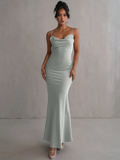 Elegant Dresses- Women's Elegant Cowl Neck Mermaid Dress - Draped Backless Gown- - Chuzko Women Clothing