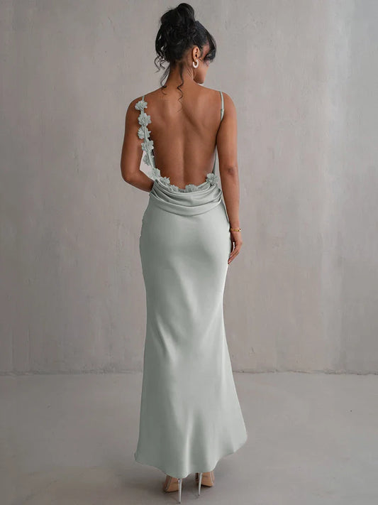 Elegant Dresses- Women's Elegant Cowl Neck Mermaid Dress - Draped Backless Gown- Light Green- Chuzko Women Clothing