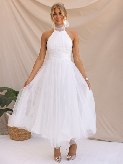 Elegant Dresses- Women's Fit & Flare Tulle Dress for Wedding Receptions- White- IndioGear Fashion and Gear