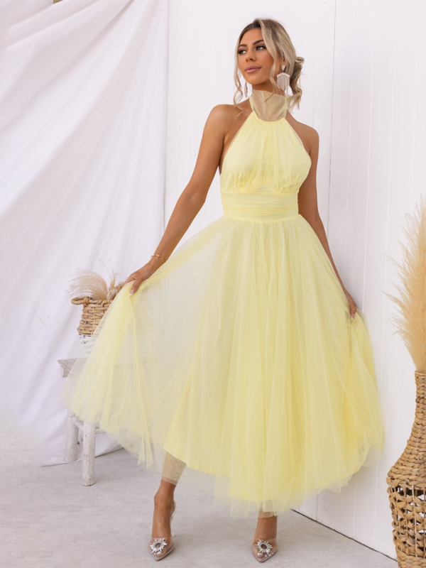 Elegant Dresses- Women's Fit & Flare Tulle Dress for Wedding Receptions- Yellow- IndioGear Fashion and Gear