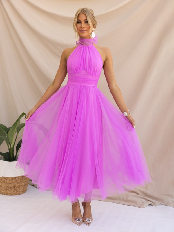 Elegant Dresses- Women's Fit & Flare Tulle Dress for Wedding Receptions- Purple- IndioGear Fashion and Gear