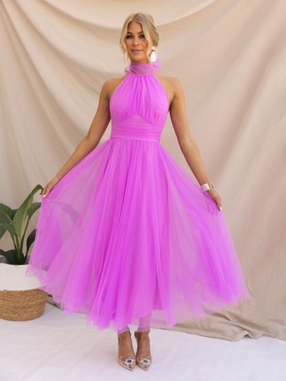 Elegant Dresses- Women's Fit & Flare Tulle Dress for Wedding Receptions- Purple- IndioGear Fashion and Gear