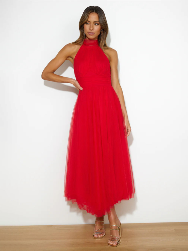 Elegant Dresses- Women's Fit & Flare Tulle Dress for Wedding Receptions- Red- IndioGear Fashion and Gear