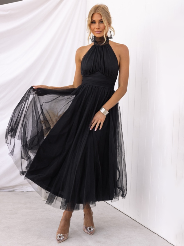 Elegant Dresses- Women's Fit & Flare Tulle Dress for Wedding Receptions- Black- IndioGear Fashion and Gear