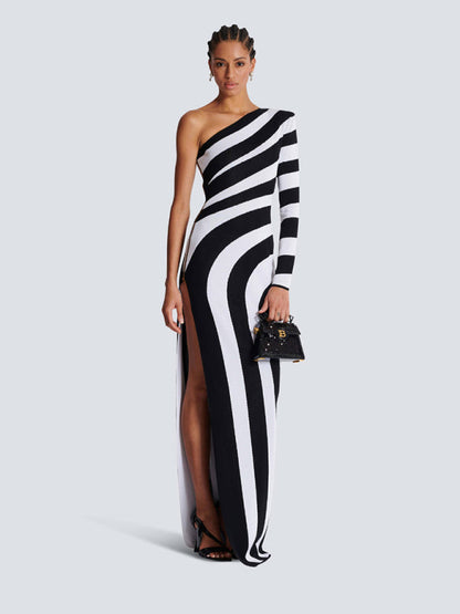 Elegant Knit Dresses- Stripe Asymmetrical Evening Dress Monochrome Gown- Black- IndioGear Women Clothing