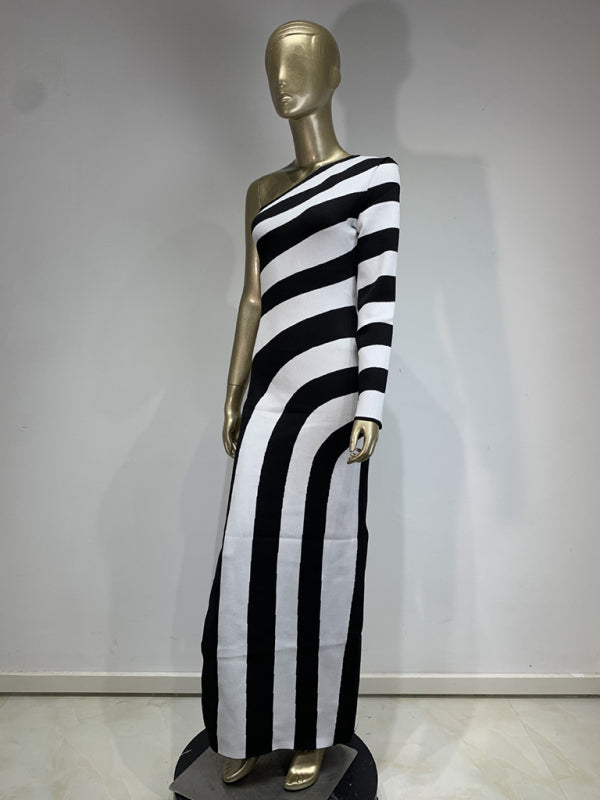 Elegant Knit Dresses- Stripe Asymmetrical Evening Dress Monochrome Gown- - IndioGear Women Clothing