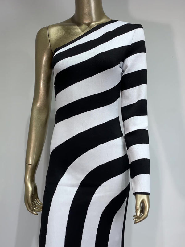 Elegant Knit Dresses- Stripe Asymmetrical Evening Dress Monochrome Gown- - IndioGear Women Clothing