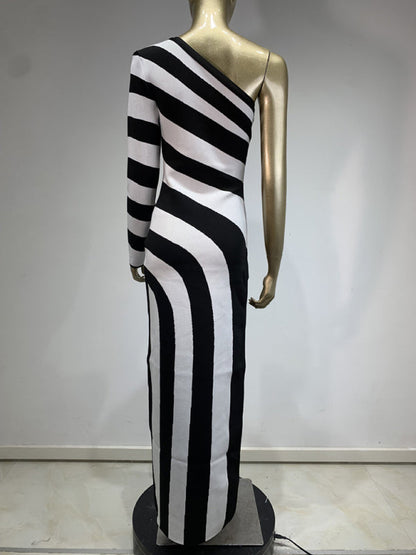 Elegant Knit Dresses- Stripe Asymmetrical Evening Dress Monochrome Gown- - IndioGear Women Clothing