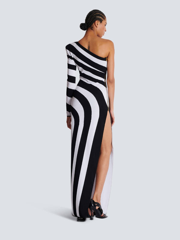 Elegant Knit Dresses- Stripe Asymmetrical Evening Dress Monochrome Gown- - IndioGear Women Clothing