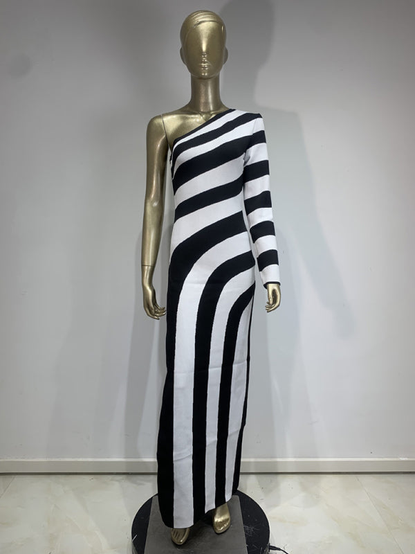 Elegant Knit Dresses- Stripe Asymmetrical Evening Dress Monochrome Gown- - IndioGear Women Clothing