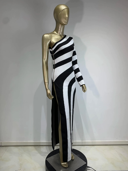 Elegant Knit Dresses- Stripe Asymmetrical Evening Dress Monochrome Gown- - IndioGear Women Clothing