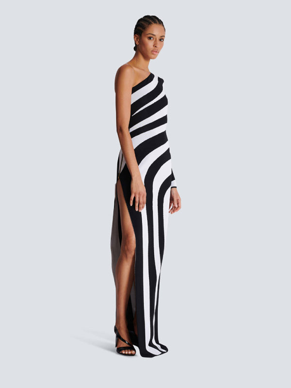 Elegant Knit Dresses- Stripe Asymmetrical Evening Dress Monochrome Gown- - IndioGear Women Clothing