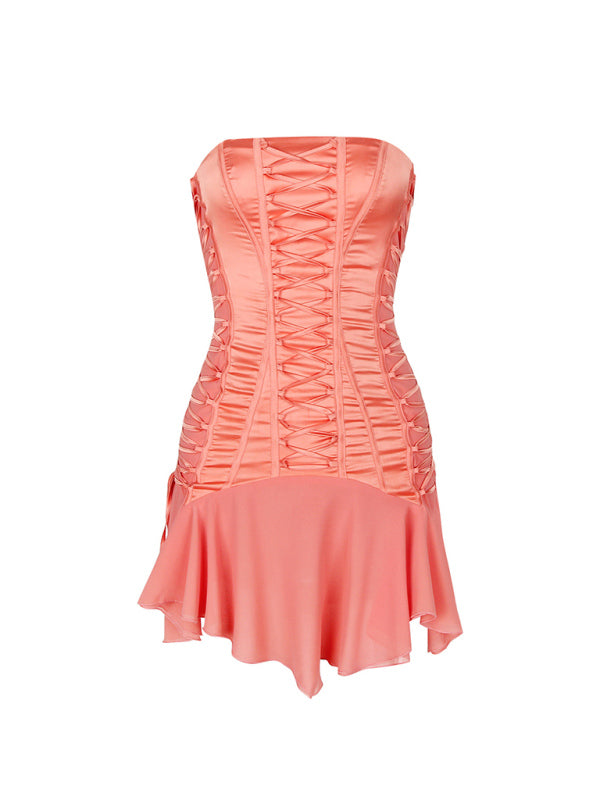 Elegant Mini Dresses- Chiffon Accented Strapless Corset Dress- - IndioGear Women Clothing