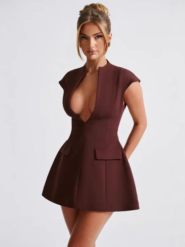 Elegant Mini Dresses- Plunge Neck A-Line Party Dress- - IndioGear Women Clothing