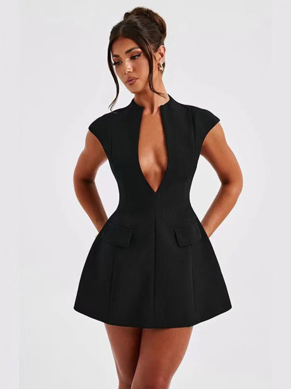 Elegant Mini Dresses- Plunge Neck A-Line Party Dress- - IndioGear Women Clothing