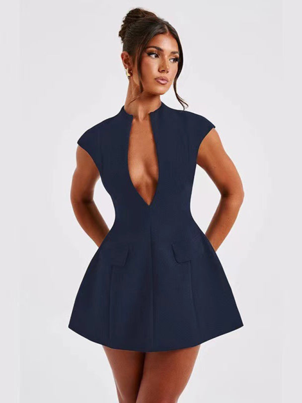 Elegant Mini Dresses- Plunge Neck A-Line Party Dress- - IndioGear Women Clothing