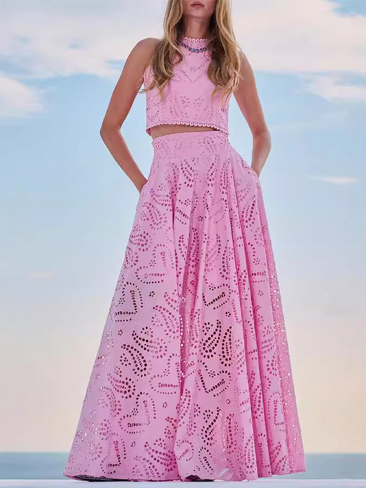 Elegant Sets- Elegant Eyelet Maxi Set Skirt & & Crop Top- Pink- IndioGear.com