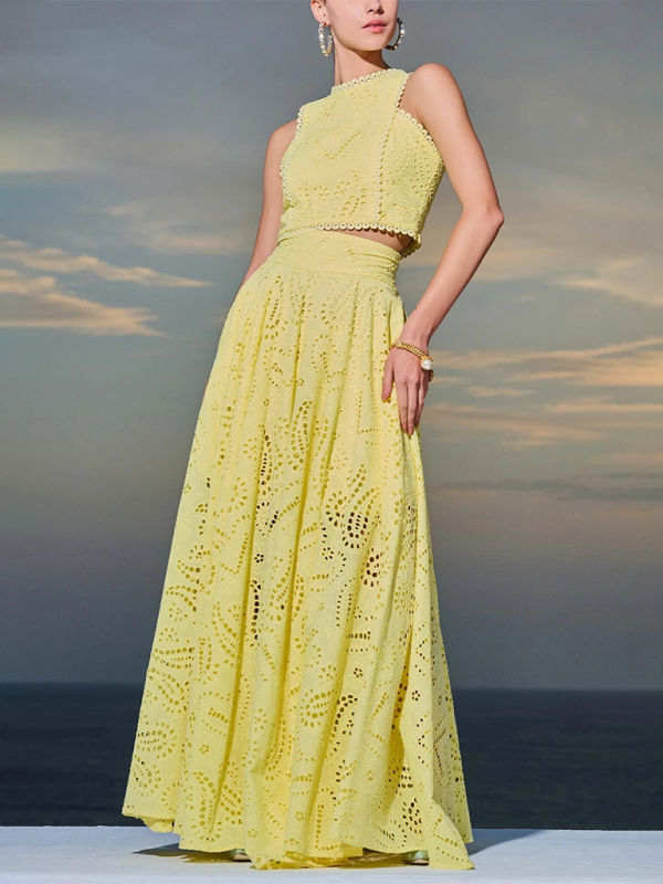 Elegant Sets- Elegant Eyelet Maxi Set Skirt & & Crop Top- Yellow- IndioGear.com