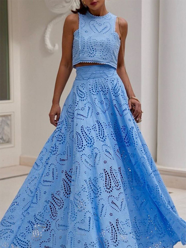 Elegant Sets- Elegant Eyelet Maxi Set Skirt & & Crop Top- - IndioGear.com