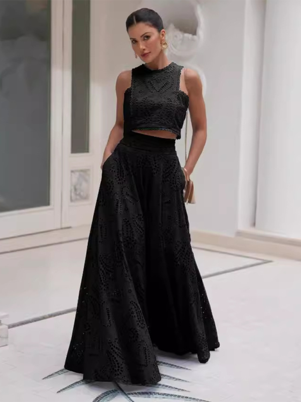 Elegant Sets- Elegant Eyelet Maxi Set Skirt & & Crop Top- - IndioGear.com