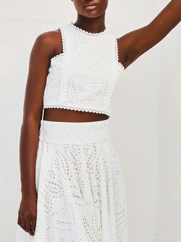 Elegant Sets- Elegant Eyelet Maxi Set Skirt & & Crop Top- White- IndioGear.com