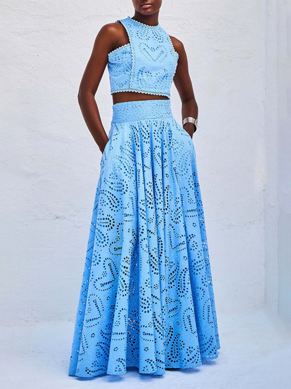 Elegant Sets- Elegant Eyelet Maxi Set Skirt & & Crop Top- Blue- IndioGear.com