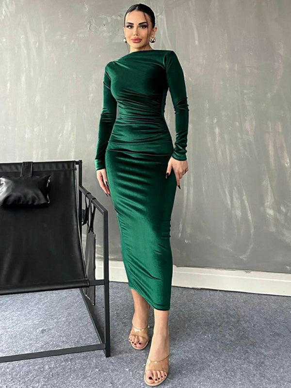 Elegant Velvet Dresses- Elegant Emerald Velvet Winter Dress- - IndioGear.com