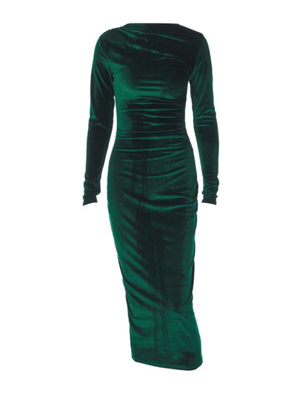 Elegant Velvet Dresses- Elegant Emerald Velvet Winter Dress- - IndioGear.com