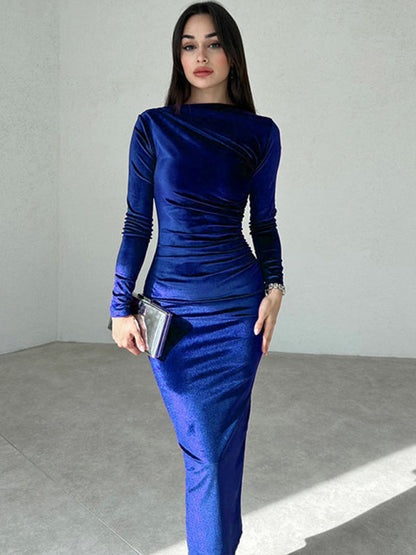 Elegant Velvet Dresses- Elegant Emerald Velvet Winter Dress- Blue- IndioGear.com