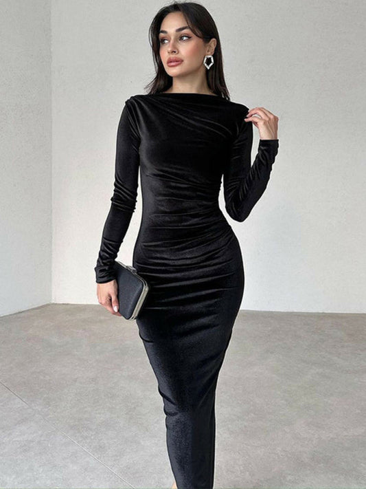 Elegant Velvet Dresses- Elegant Emerald Velvet Winter Dress- Black- IndioGear.com