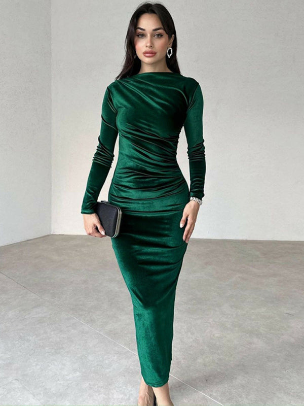 Elegant Velvet Dresses- Elegant Emerald Velvet Winter Dress- Green- IndioGear.com