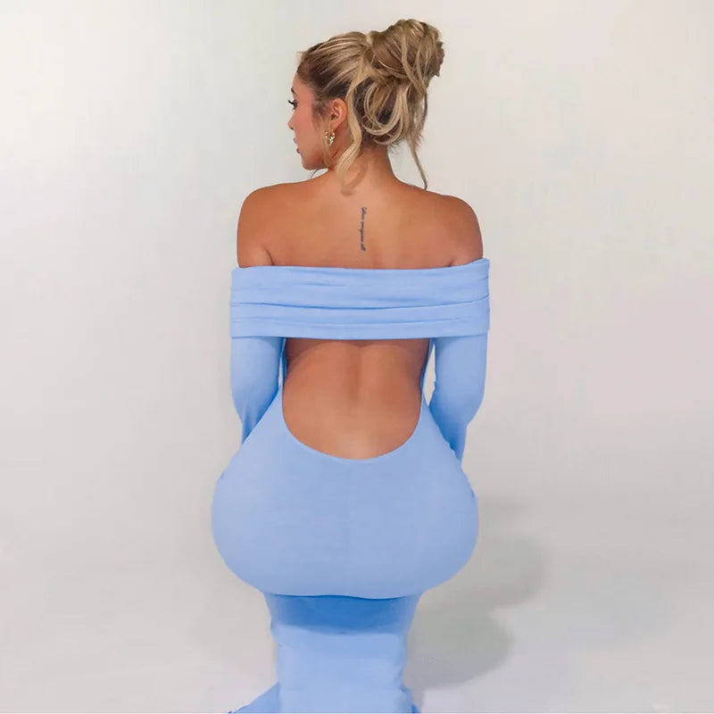 Evening Dresses- Elegant Long Sleeve Backless Bodycon Dress- - IndioGear Women Clothing