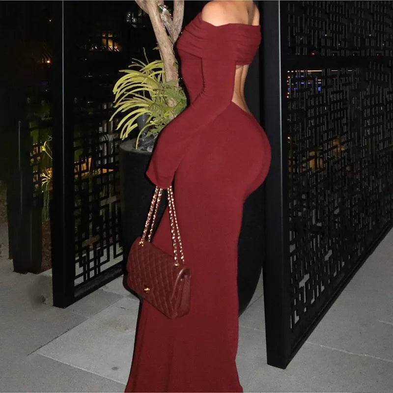 Evening Dresses- Elegant Long Sleeve Backless Bodycon Dress- - IndioGear Women Clothing