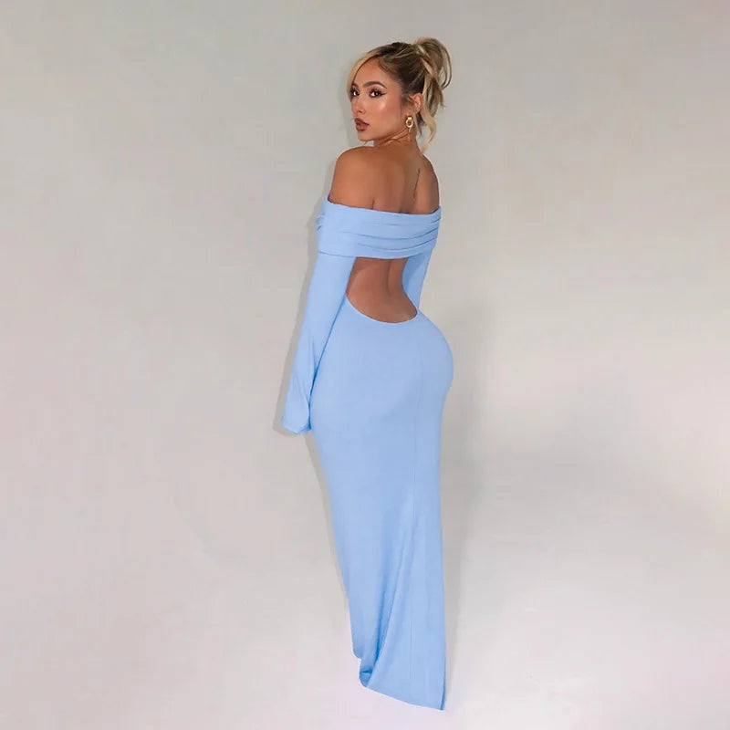 Evening Dresses- Elegant Long Sleeve Backless Bodycon Dress- - IndioGear Women Clothing