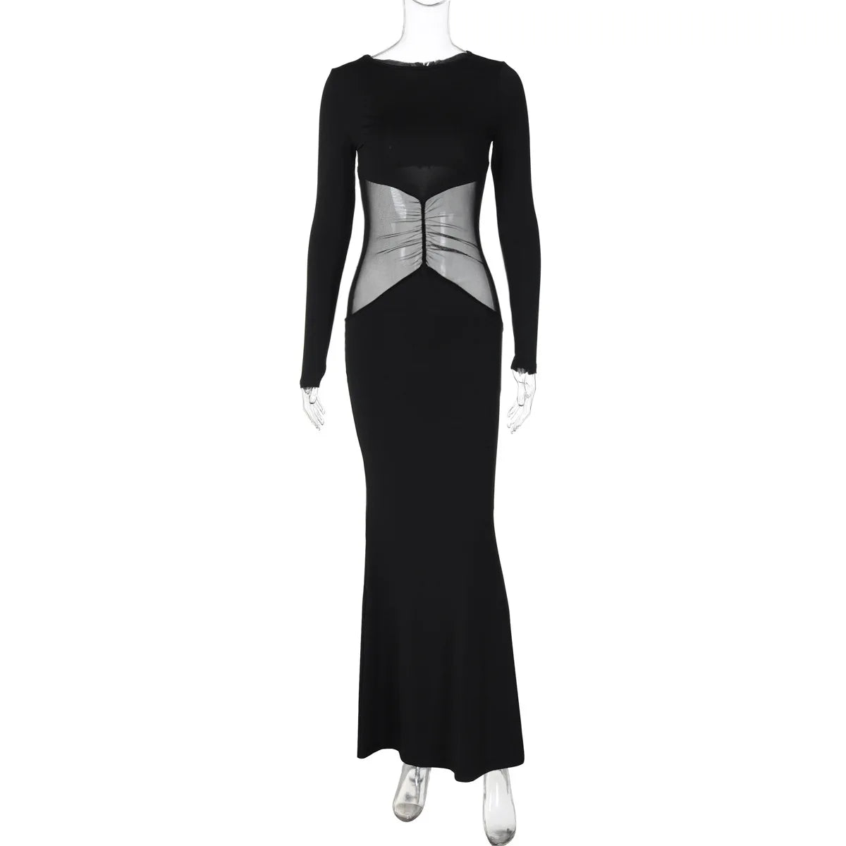 Evening Dresses- Fitted Black Dress with Unique Mesh Accents - Fall Fashion- Black- IndioGear Women Clothing