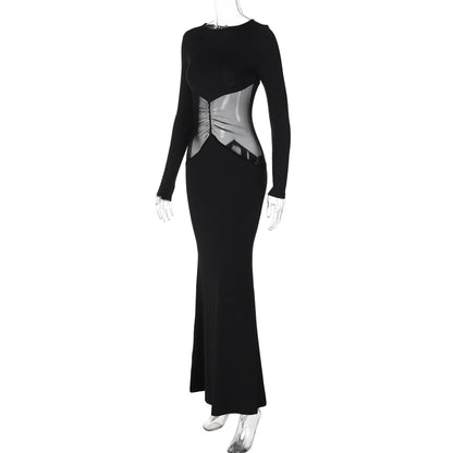 Evening Dresses- Fitted Black Dress with Unique Mesh Accents - Fall Fashion- - IndioGear Women Clothing