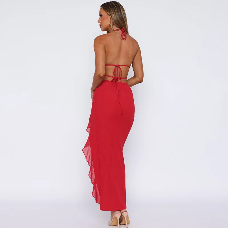 Evening Dresses - Halter Evening Gown Ruffle Backless Evening Dress