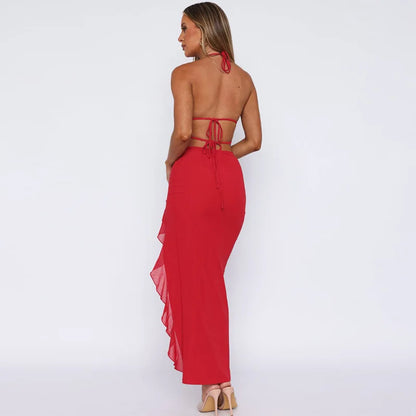 Evening Dresses - Halter Evening Gown Ruffle Backless Evening Dress