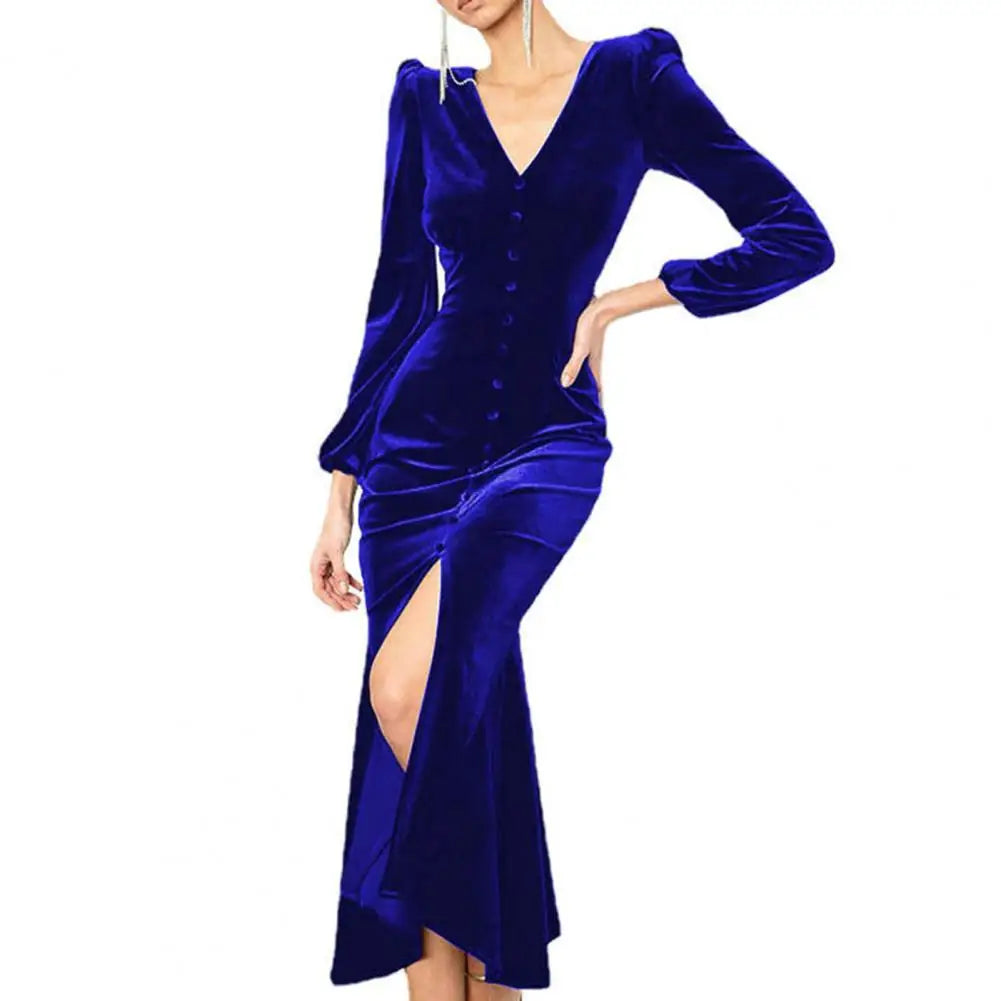 Evening Dresses- Luxurious Velvet Long Sleeve Maxi Dress for Year's End Festivities- Royal Blue- IndioGear Women Clothing