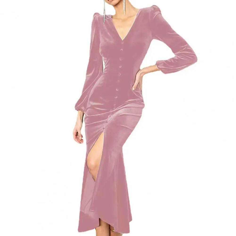 Evening Dresses- Luxurious Velvet Long Sleeve Maxi Dress for Year's End Festivities- Pink- IndioGear Women Clothing