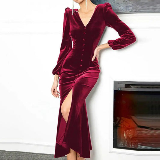 Evening Dresses- Luxurious Velvet Long Sleeve Maxi Dress for Year's End Festivities- - IndioGear Women Clothing